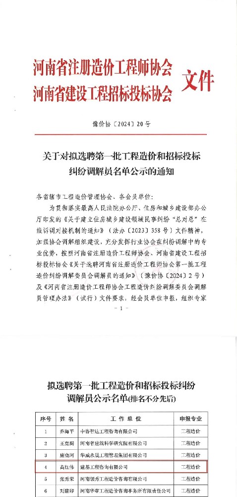 熱烈祝賀公司第一總經(jīng)理榮耀入選河南省“第一批工程造價(jià)和招標投標糾紛調解員”