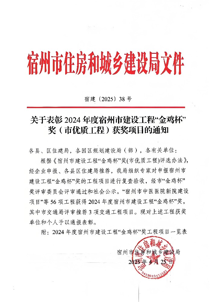公司監理項目斬獲宿州市“金雞杯”獎，劉斌同志榮獲“優(yōu)秀總監理工程師”榮譽(yù)